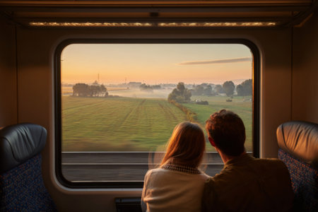 Young couple admiring beautiful sunrise over countryside landscape during train journey, embracing slow travel and authenticityの素材