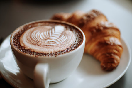 Freshly baked croissant and a cup of cappuccino with latte art served on a white plate, creating a delightful breakfast experienceの素材