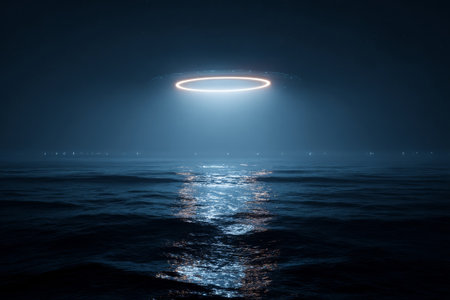 Mysterious glowing UFO emerging from dark ocean at night, creating a luminous reflection on the water surfaceの素材