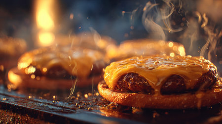 Juicy hamburgers with melted cheese sizzling on a hot grill, creating a mouthwatering culinary sceneの素材