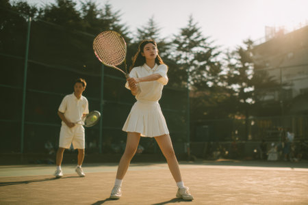Korean woman wearing white tennis attire, plays tennis on a sunny court with her male partner, enjoying a friendly matchの素材