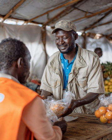 Aid worker distributing food supplies to displaced people in temporary shelter, providing essential support and hope in challenging circumstancesの素材