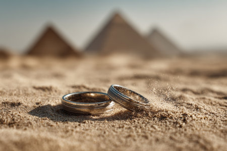 Two wedding rings are falling to the ground in the desert, with the pyramids of Giza in the backgroundの素材