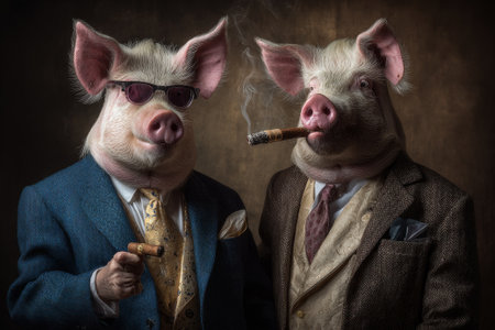 Two pigs dressed as wealthy businessmen are smoking cigars, wearing suits, and sunglasses, creating a humorous and satirical image of elite indulgenceの素材
