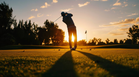 Silhouette of a golfer swinging his club on a lush green golf course, bathed in the golden light of a beautiful sunsetの素材