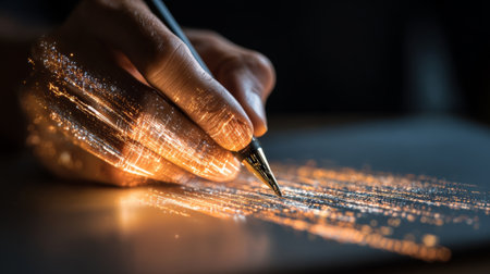 Close-up of a hand using a pen, drawing glowing digital lines on paper, symbolizing innovation and technology in designの素材
