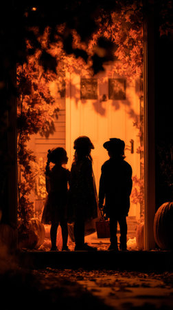 Silhouetted children standing on a doorstep with pumpkins, trick-or-treating on halloween nightの素材