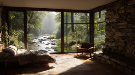 Sunlight illuminates a modern bedroom with floor-to-ceiling windows showcasing a picturesque river flowing through a serene forestの素材