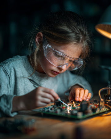 Young girl working on electronics project, carefully soldering components onto circuit board, demonstrating focus and skill in stem fieldの素材