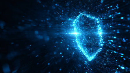Glowing digital shield illuminating cyberspace, protecting data flow and ensuring robust cybersecurity against emerging threatsの素材