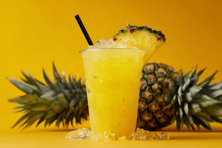Ice cold pineapple juice garnished with fresh pineapple slice in takeaway cup on vibrant yellow backdrop, perfect for summer refreshmentの素材
