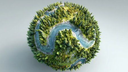 Spherical ecosystem showcasing thriving forests and flowing rivers, symbolizing environmental balance and responsible resource managementの素材