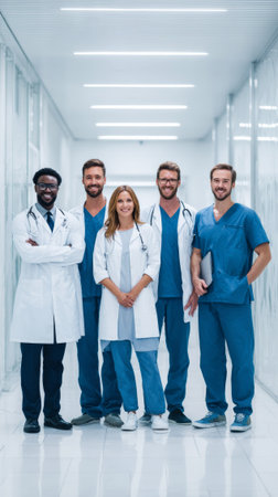 Multi-ethnic medical team standing confidently in a hospital corridor, showcasing teamwork and professionalism in a modern healthcare settingの素材