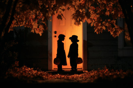 Two young children are trick-or-treating on Halloween night, silhouetted against a brightly lit doorwayの素材
