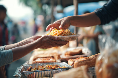 Volunteer offering free noodles to a homeless person, embodying the spirit of aid and compassion in the fight against poverty and hungerの素材