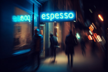 Blurred people are walking on a city sidewalk at night, passing by an espresso bar with a bright neon signの素材