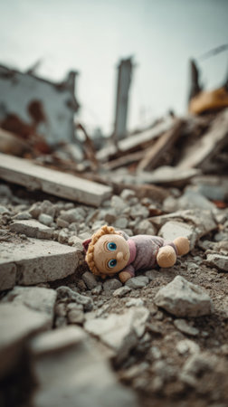 Poignant image of a child's toy lying amidst the rubble of a destroyed building, symbolizing loss and the impact of war or disasterの素材