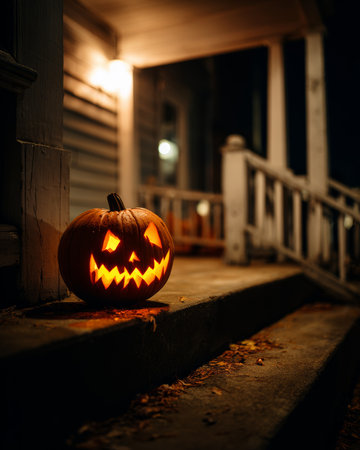 Carved pumpkin with glowing face sitting on steps of house porch at night, creating spooky halloween atmosphereの素材
