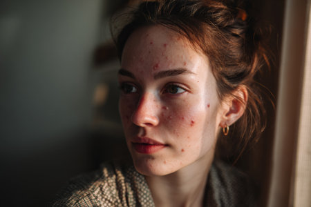 Portrait of a Caucasian woman with acne and pimple patches, highlighting skin imperfections and promoting body positivityの素材