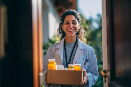 Smiling pharmacist delivering medication to a patient's home, offering a convenient and safe service during a pandemicの素材