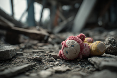 Poignant image of a child's toy lying amidst the rubble of a destroyed building, highlighting the devastating impact of war or disaster on innocent livesの素材