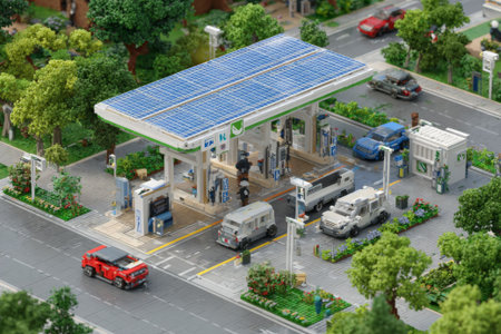 Miniature electric vehicles charging at a solar-powered station, showcasing sustainable urban transportation in a meticulously crafted cityscapeの素材