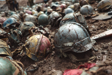 Many old rusty helmets lying on muddy ground, evoking scenes of war and destruction on a ravaged battlefieldの素材