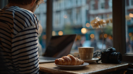 Freelancer enjoying a croissant and cappuccino while working on laptop in a cafe with a city viewの素材