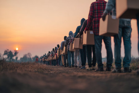 Volunteers are forming a human chain, carrying aid boxes at sunset, demonstrating teamwork and community supportの素材