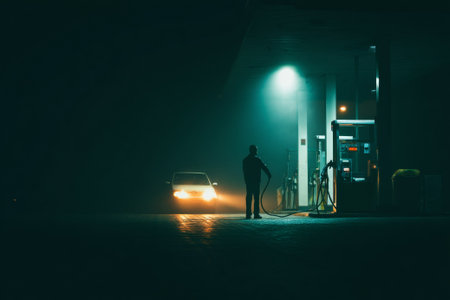 Driver refueling a car at a gas station under the glow of headlights, surrounded by a thick fog on a dark, misty nightの素材