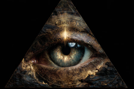 Masonic symbol of the eye of providence, radiating light from within a textured, triangular structure, set against a dark backgroundの素材
