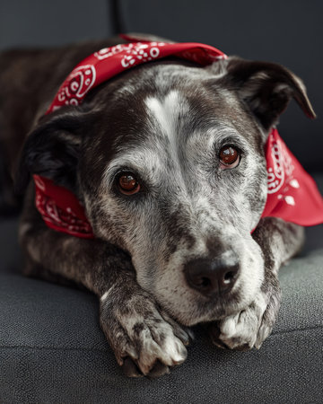Grey-muzzled senior dog wearing a red bandana rests its head on its paws on a gray sofa, enjoying a peaceful momentの素材