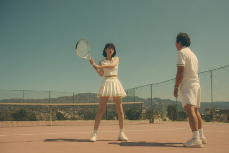 Young woman is playing tennis with her coach on a sunny day, enjoying the sport and improving her skillsの素材