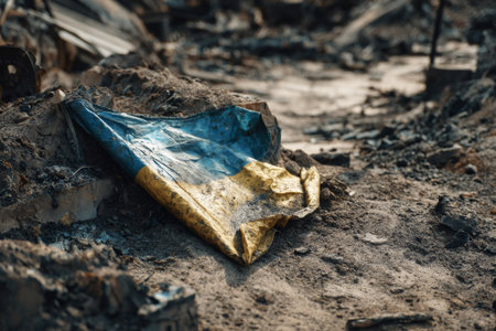 Ukrainian flag on the ground in a destroyed city after the bombing, concept of war and invasionの素材