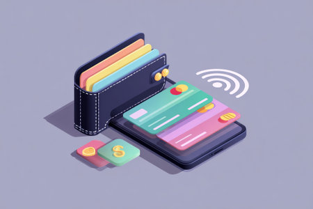 Credit cards migrating from a physical wallet to a smartphone for convenient contactless payments, symbolizing the rise of fintechの素材