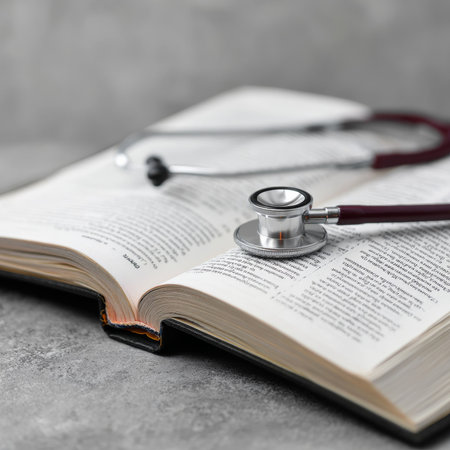 Stethoscope placed on an open medical textbook, representing the importance of knowledge and learning in healthcareの素材