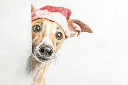 Whippet dog wearing a festive Christmas hat, peeking curiously from behind a white wall, showing an adorable and playful expressionの素材