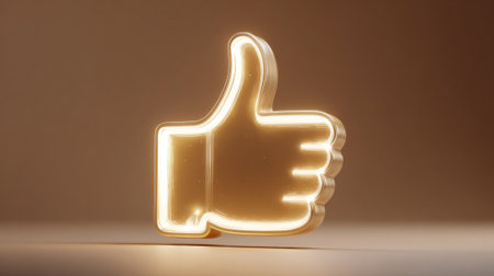 Golden neon thumbs up sign representing approval, agreement, and positive feedback is glowing on a brown backgroundの素材