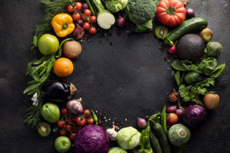 Variety of fresh vegetables and fruits arranged in a circle on a dark background, creating a vibrant and healthy composition with copy spaceの素材