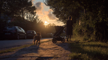 Mother enjoys a peaceful evening stroll with her baby and dog, bathed in the warm glow of the setting sun in their quiet neighborhoodの素材