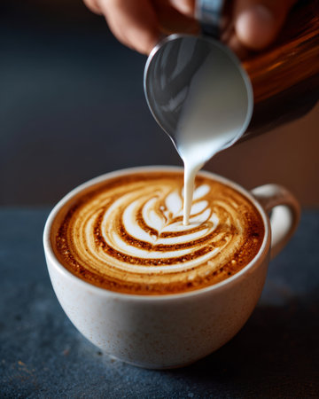 Close-up view of a skilled barista creating intricate latte art while pouring creamy milk into a cappuccino cup at a bustling coffee shopの素材