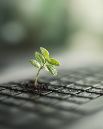 Wet laptop keyboard with small green plant growing, representing the connection between nature and technologyの素材