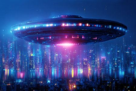 Large, metallic, disc-shaped UFO hovers over a futuristic city, emanating a pink glow beneath it at nightの素材