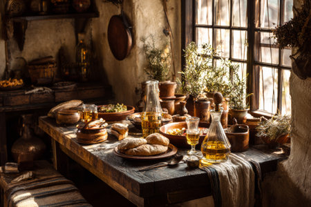 Rustic wooden table laden with medieval-style food and drink, illuminated by sunlight streaming through a nearby window, creating a cozy and inviting atmosphereの素材