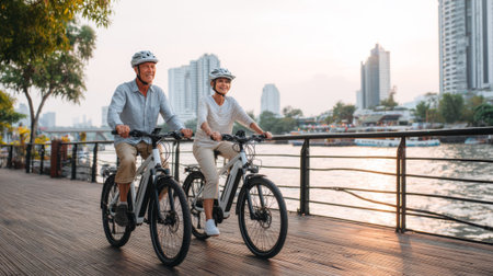 Happy retired couple enjoying a leisurely bike ride along a scenic river in a vibrant city setting, promoting active aging and intergenerational connectionの素材