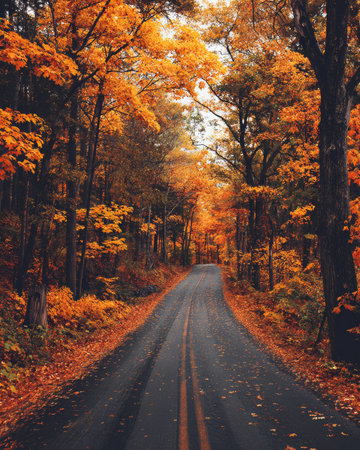 Winding through a forest, a scenic route showcases the warm, vibrant colors of autumn foliage, creating a picturesque landscape of reds, oranges, and yellowsの素材