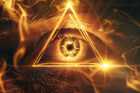 Masonic symbol of the providence eye, radiating golden light and surrounded by flames, representing vigilance, knowledge, and spiritual enlightenmentの素材
