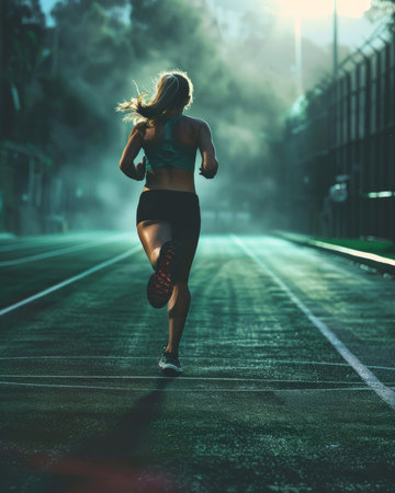 Determined female athlete running on a city track in the early morning, embracing the challenge and striving for peak performanceの素材