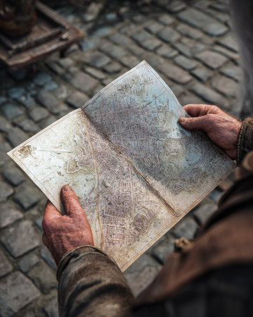 Close-up of weathered hands holding an antique city map, navigating cobblestone streets, embodying slow travel authenticityの素材