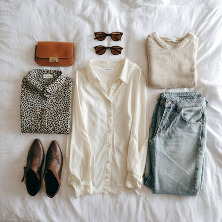 Flat lay of a stylish thrifted outfit arranged on white sheets, showing sustainable fashion choicesの素材